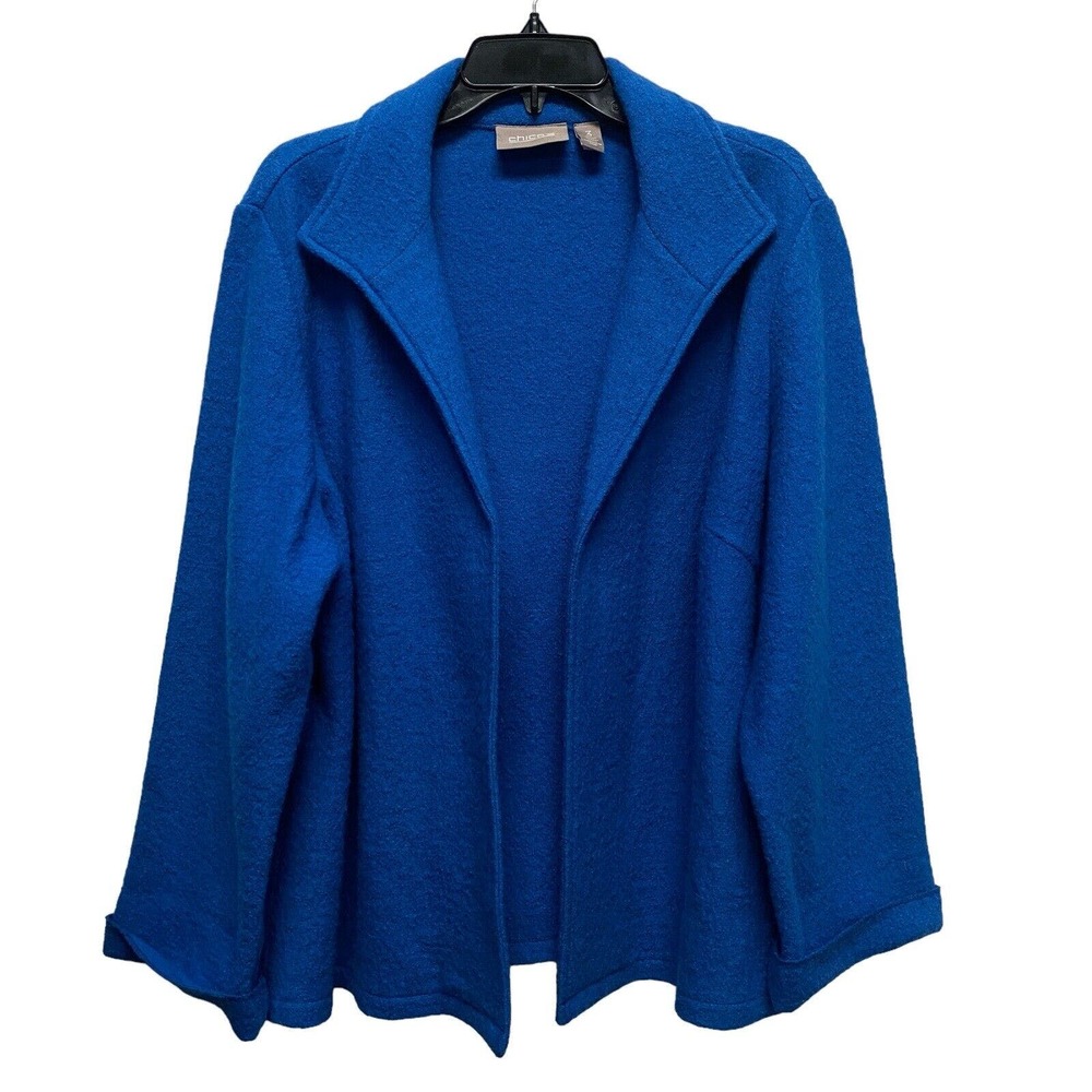 Chico’s 100% Wool Cardigan Sweater Women Sz 3 Blue Open Front Career Work Office